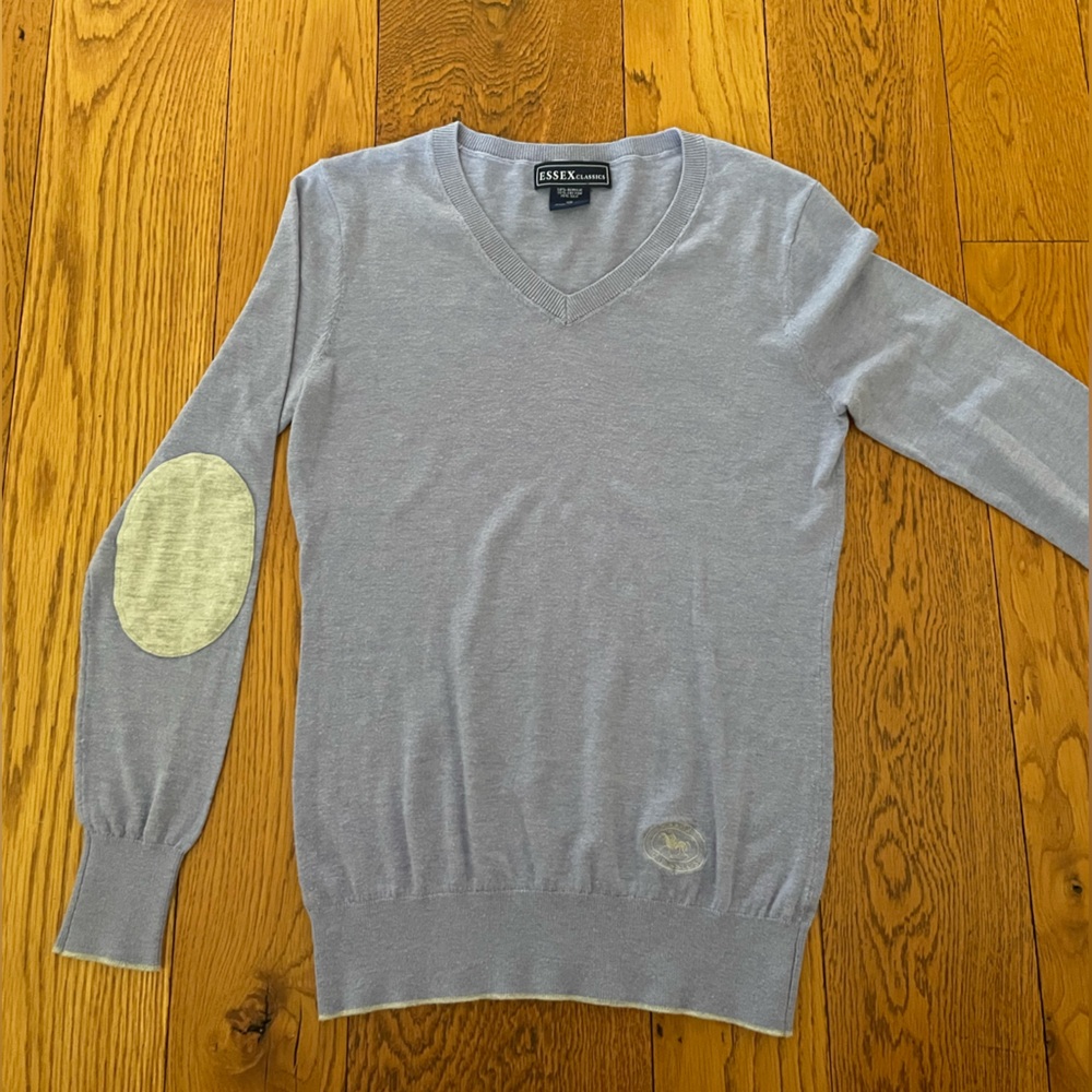 Essex Classic Trey-V Neck lavender sweater with grey pipping and elbow patches
